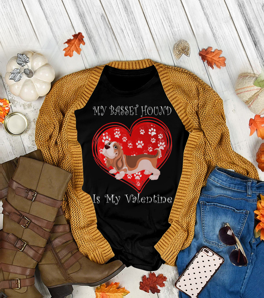 My Basset Hound Is My Valentine Heart Paw Prints T-Shirt