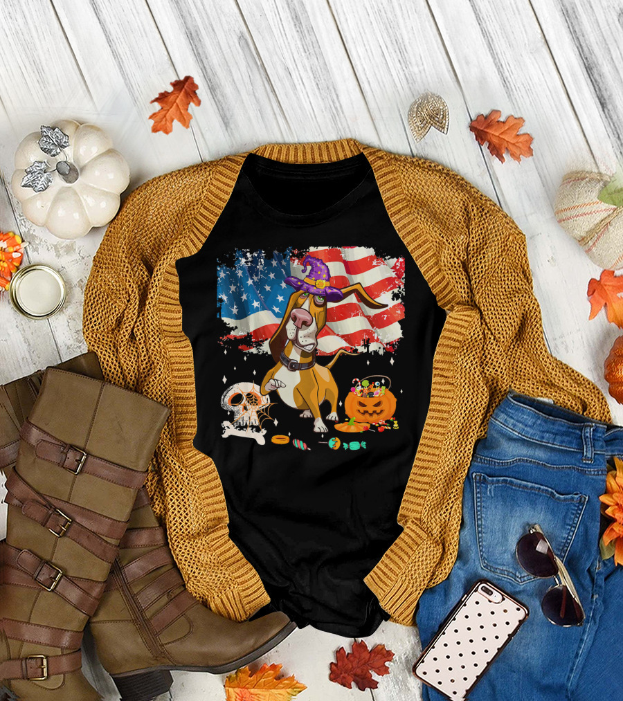 Halloween Basset Hound with Witch Hat and Candy in Front of American Flag T-Shirt