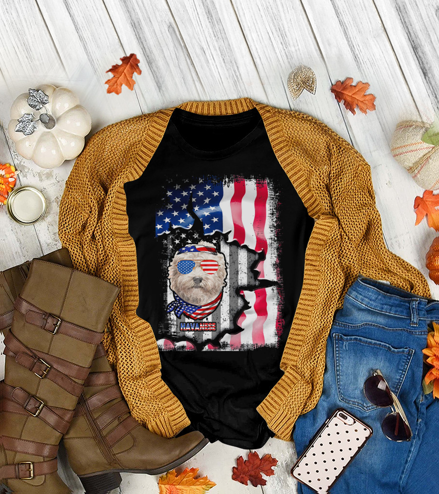 American Flag Havanese Dog Lover with Patriotic Sunglasses and Bandana T-Shirt