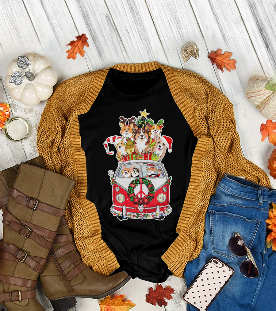 Funny Corgi Christmas Tree Santa Joy Van Holiday Peace T-Shirt