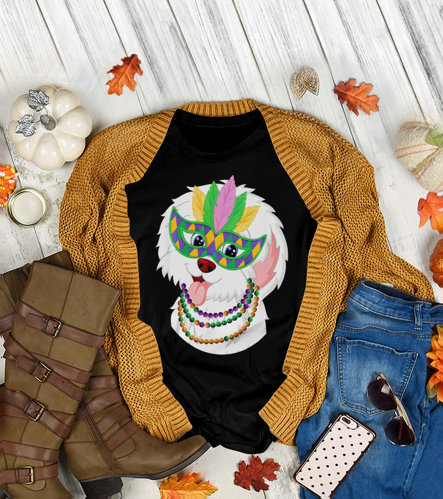 Funny Havanese With Mardi Gras Beads and Colorful Mask T-Shirt