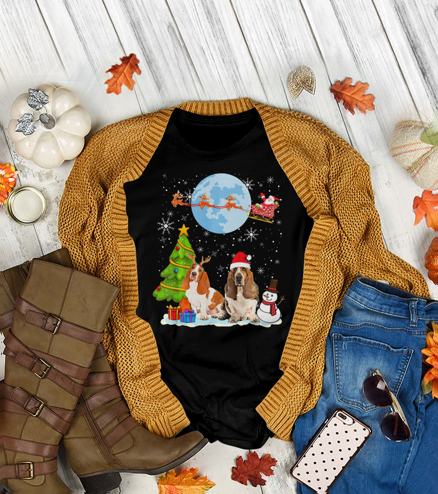 Basset Hound Christmas Santa Reindeer Moon Snowman Tree T-Shirt