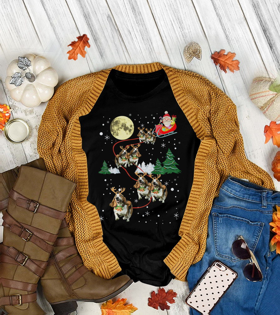 Santa Sleigh with Reindeer Basset Hound and Full Moon T-Shirt
