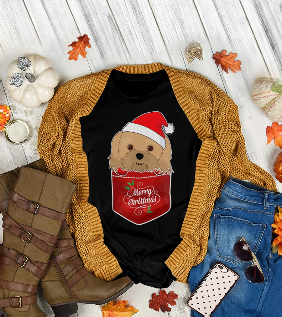 Merry Christmas Havanese with Santa Hat in Pocket T-Shirt