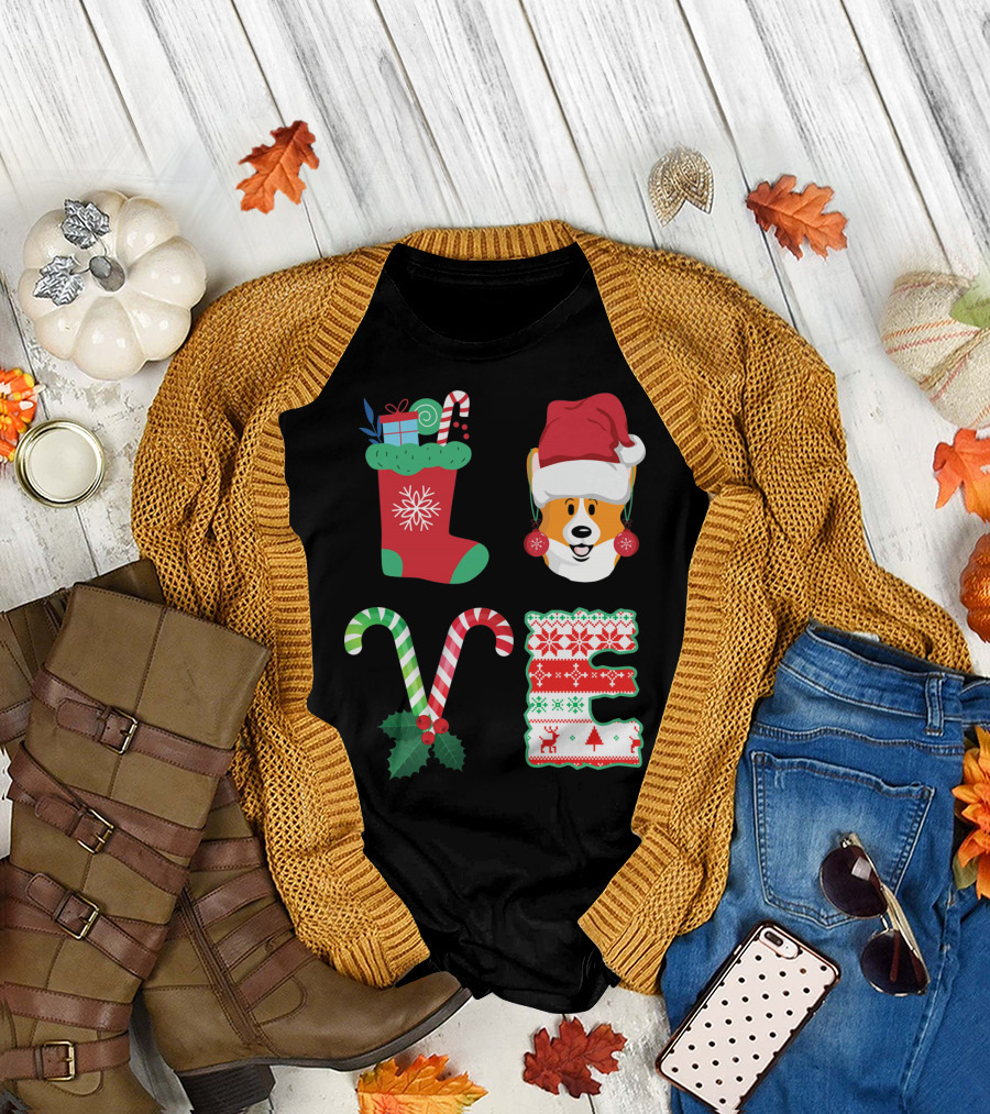 I Love My Welsh Corgi Christmas Candy Cane and Stocking Holiday T-Shirt