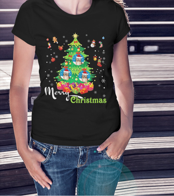 Merry Christmas Havanese Dog Tree Presents Ornaments Snowflakes Gingerbread Snowman T-Shirt