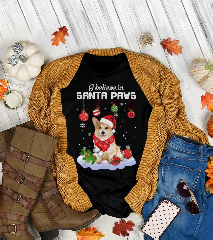 I Believe in Santa Paws Corgi with Christmas Ornaments and Snowflakes T-Shirt