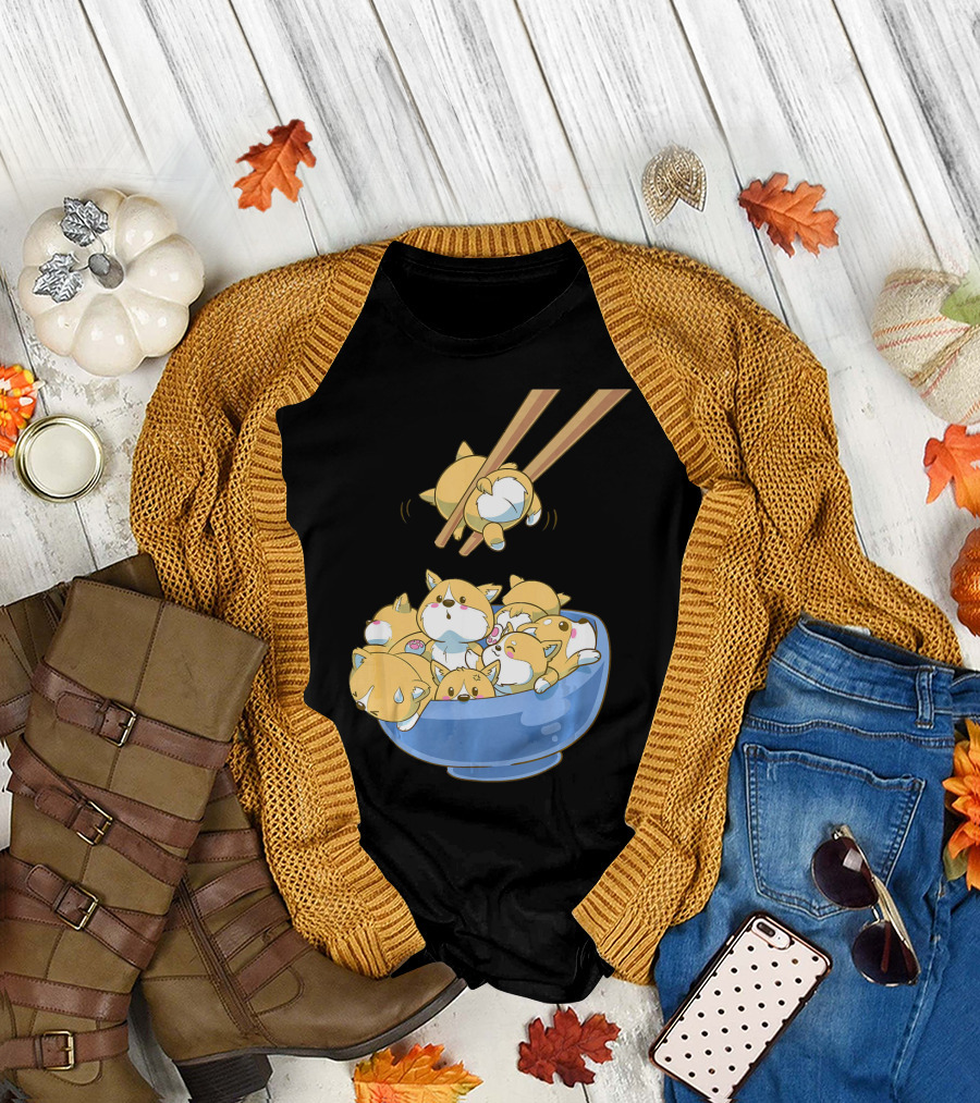 Cute Corgis in a Japanese Ramen Bowl with Chopsticks T-Shirt