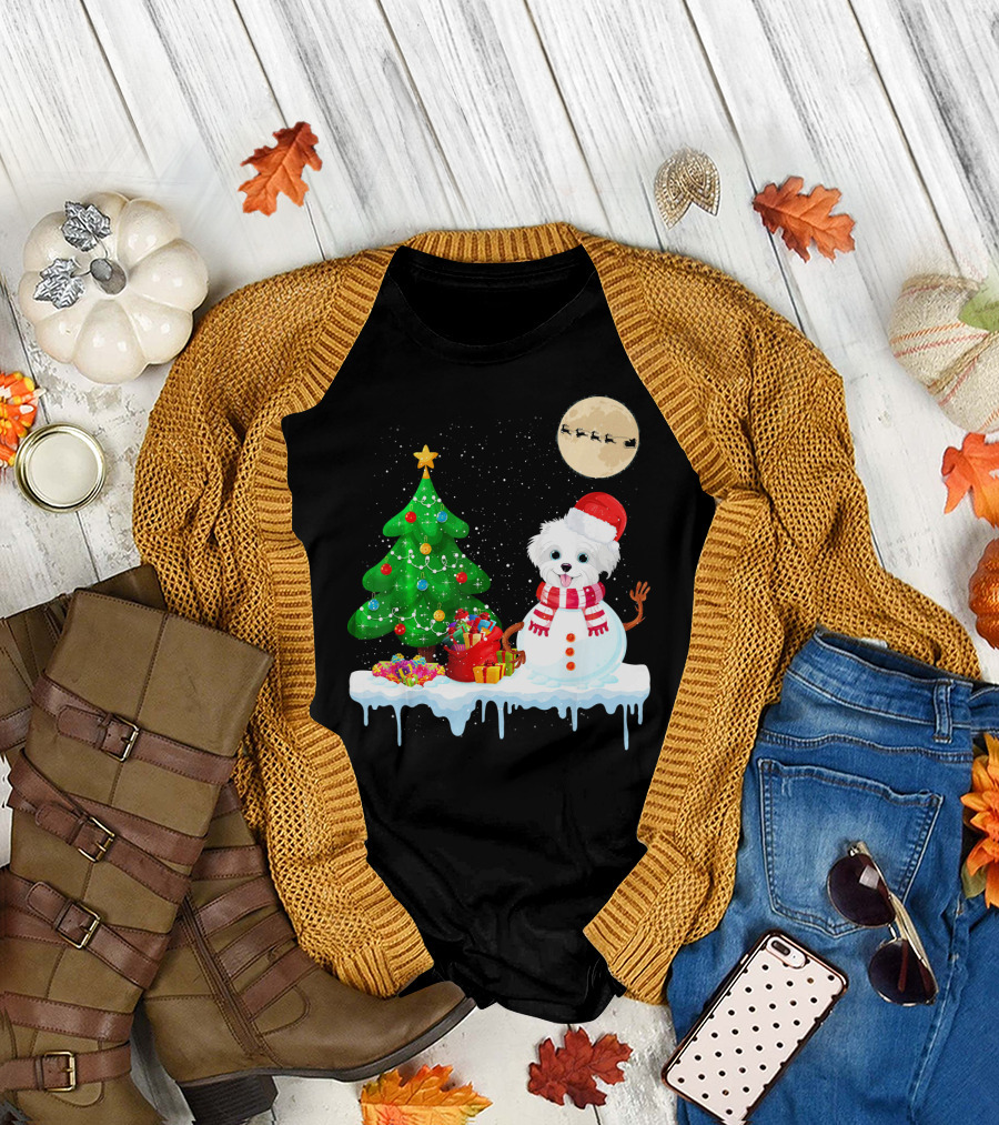 Havanese Snowman with Christmas Tree and Santa's Sleigh T-Shirt