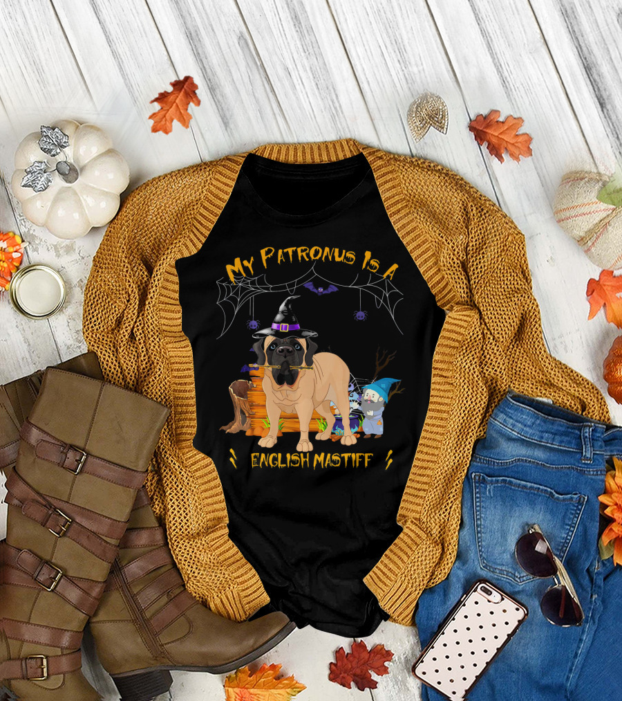 My Patronus Is a Halloween English Mastiff with Witch Hat and Spooky Elements T-Shirt