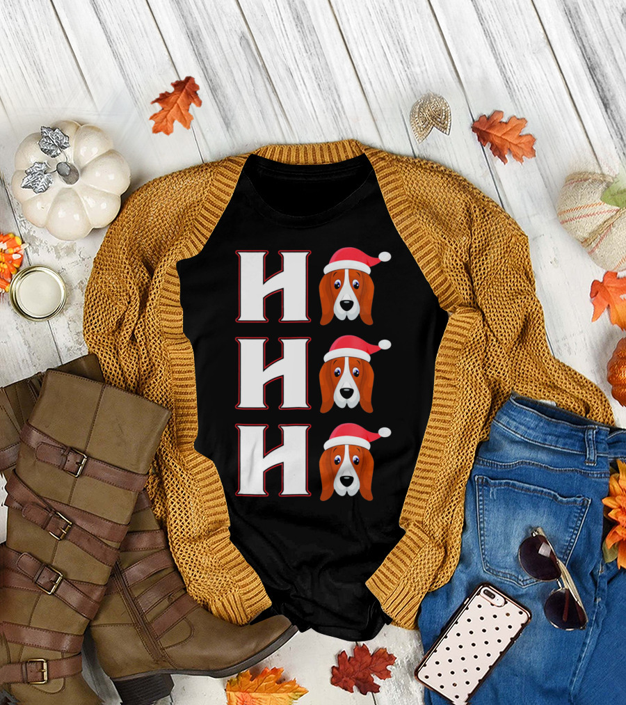 Ho Ho Ho Santa Hat Funny Basset Hound Christmas Dog Holiday Humor T-Shirt