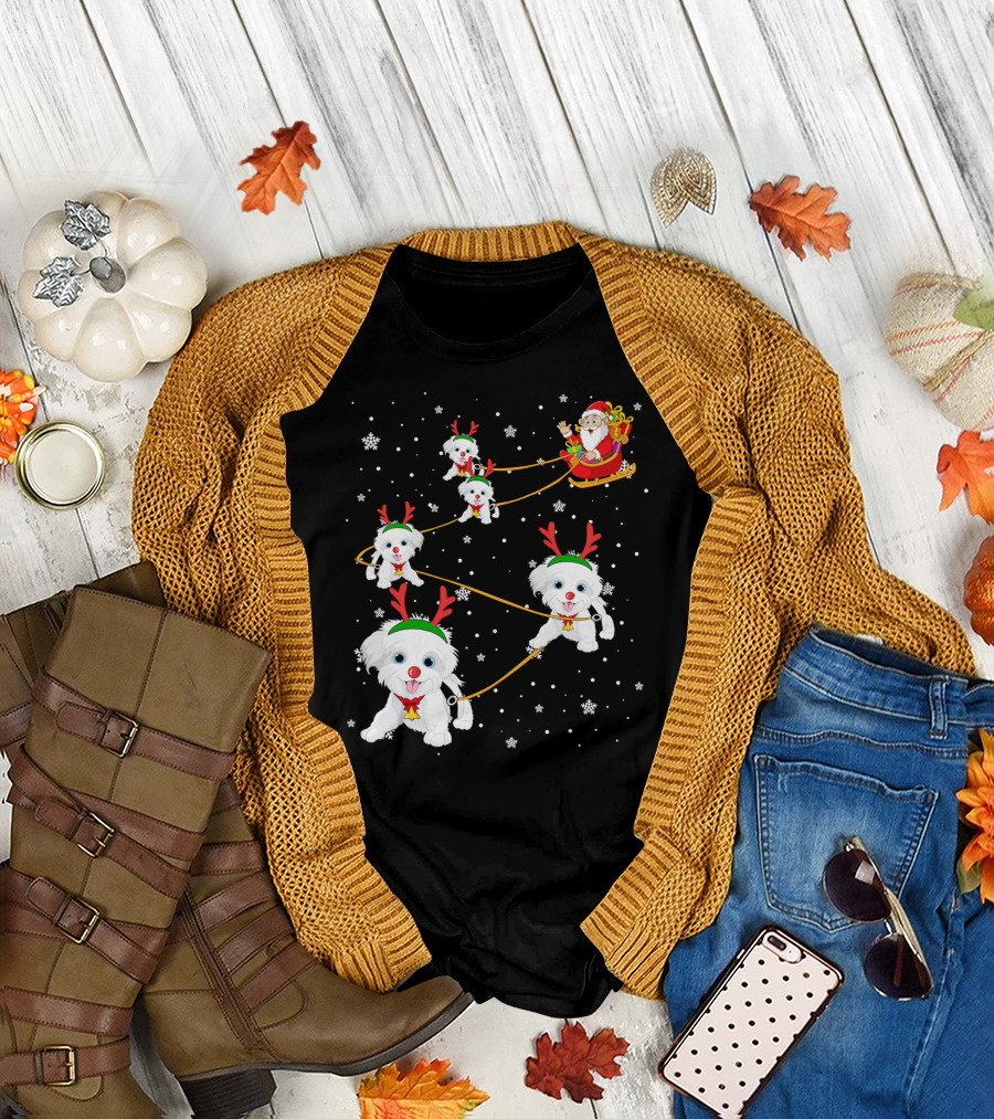 Havanese Dogs Pulling Santa's Sleigh Through Snowflakes T-Shirt
