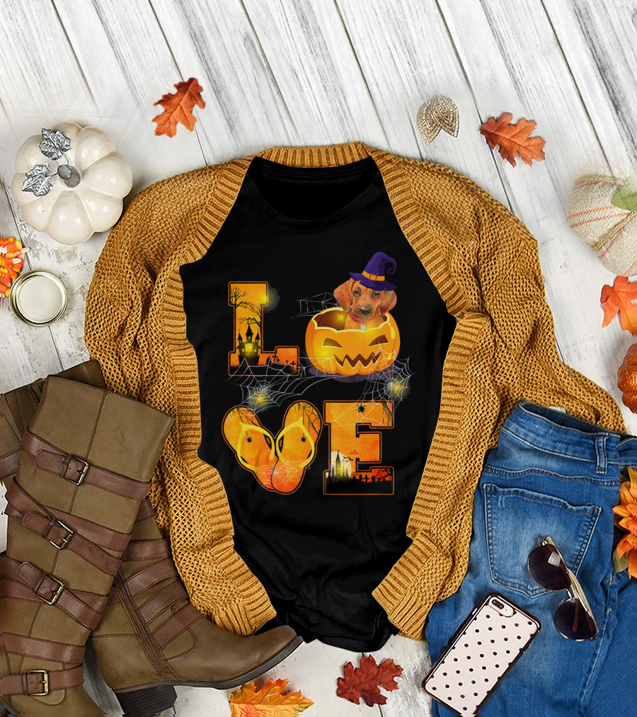 Love Halloween Funny Rhodesian Ridgeback in Pumpkin with Witch Hat and Cobwebs T-Shirt