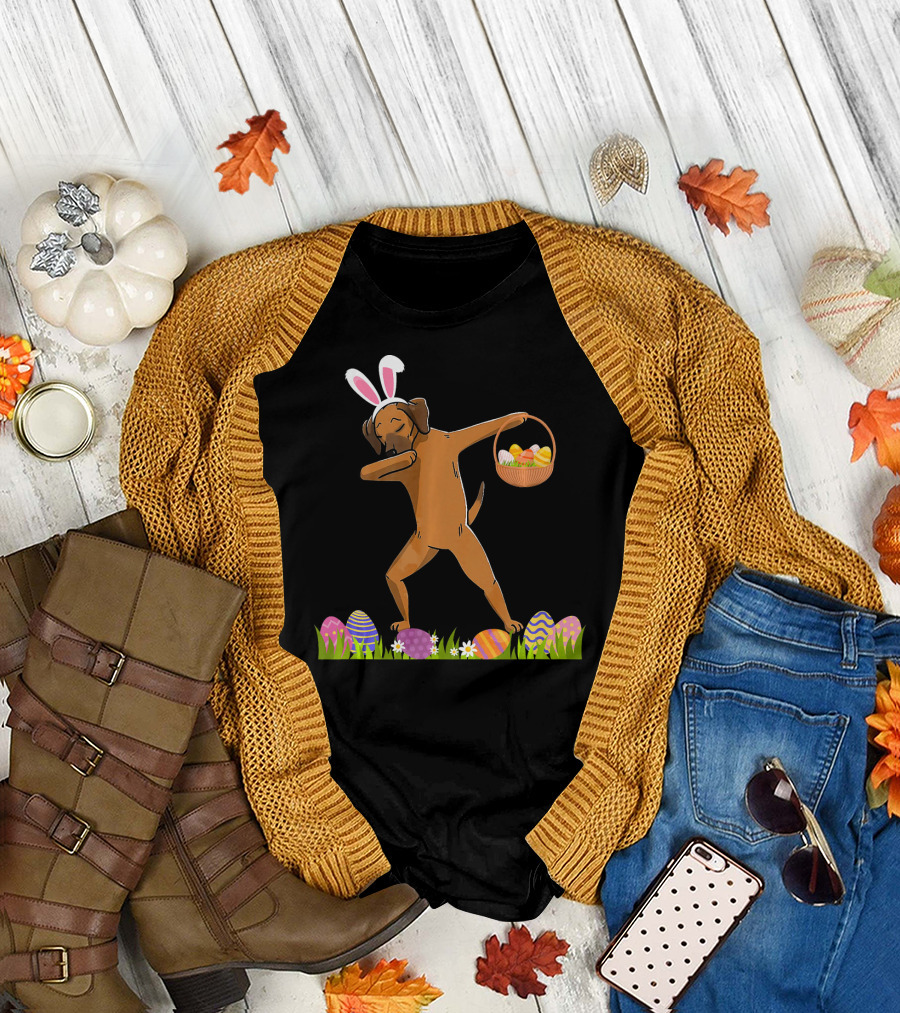 Rhodesian Ridgeback Dog Dabbing with Bunny Ears and Easter Basket T-Shirt