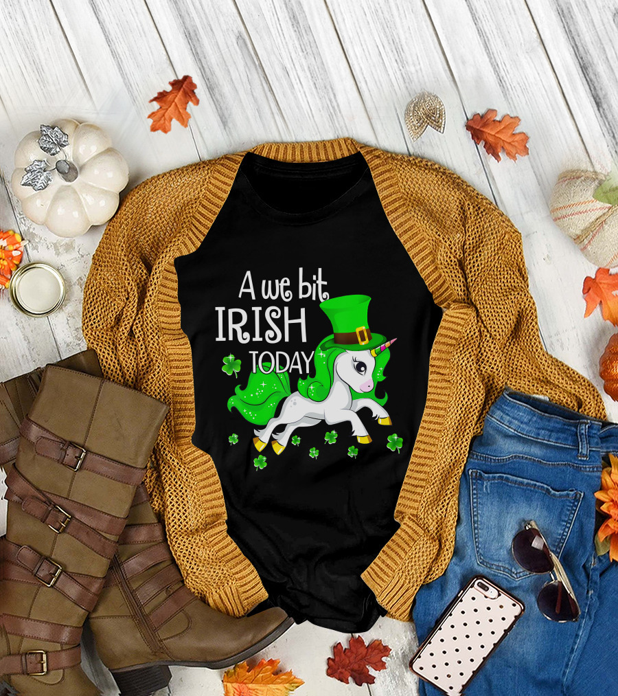 A We Bit Irish Today Unicorn with Shamrocks and Green Hat T-Shirt