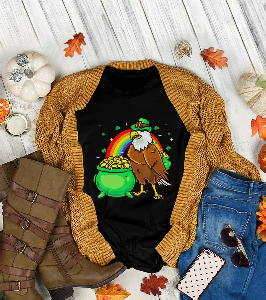 American Bald Eagle with Leprechaun Hat and Gold Pots Under Rainbow T-Shirt