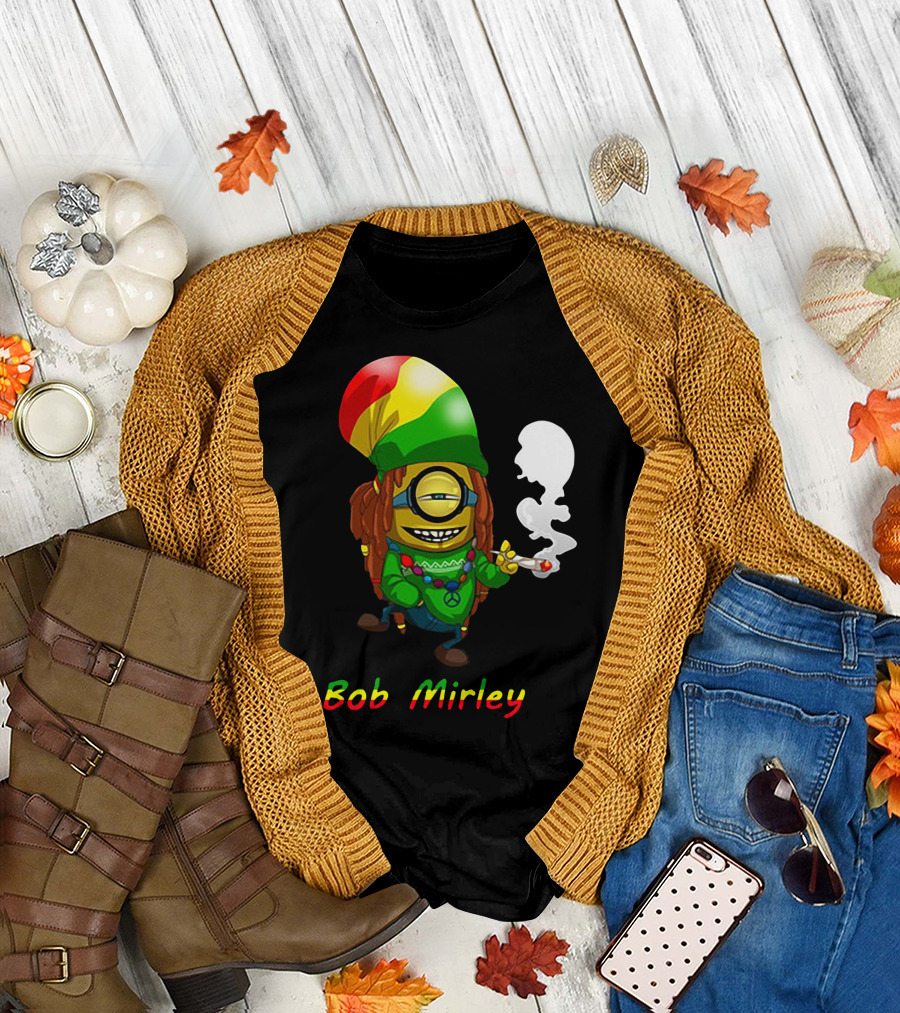 Bob Mirley Minion with Rasta Colors Smoking and Peace Necklace T-Shirt