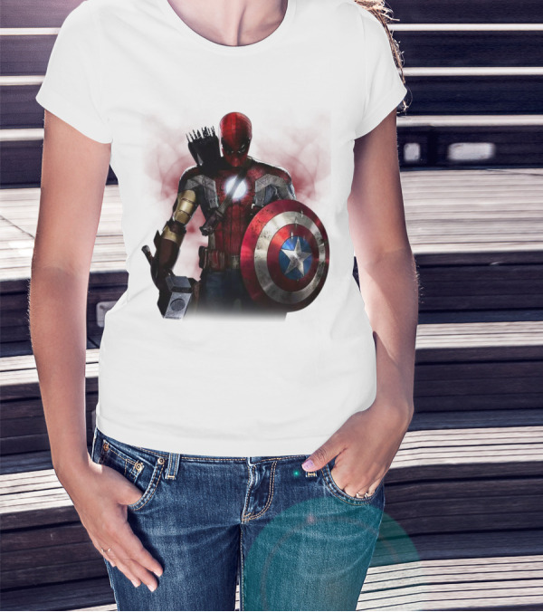 Overpowered Avengers Man Captain America Spider-Man Thor Iron Man Fusion With Shield And Mjolnir T-Shirt