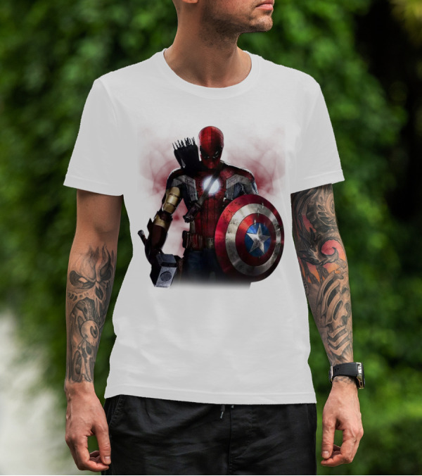 Overpowered Avengers Man Captain America Spider-Man Thor Iron Man Fusion With Shield And Mjolnir T-Shirt