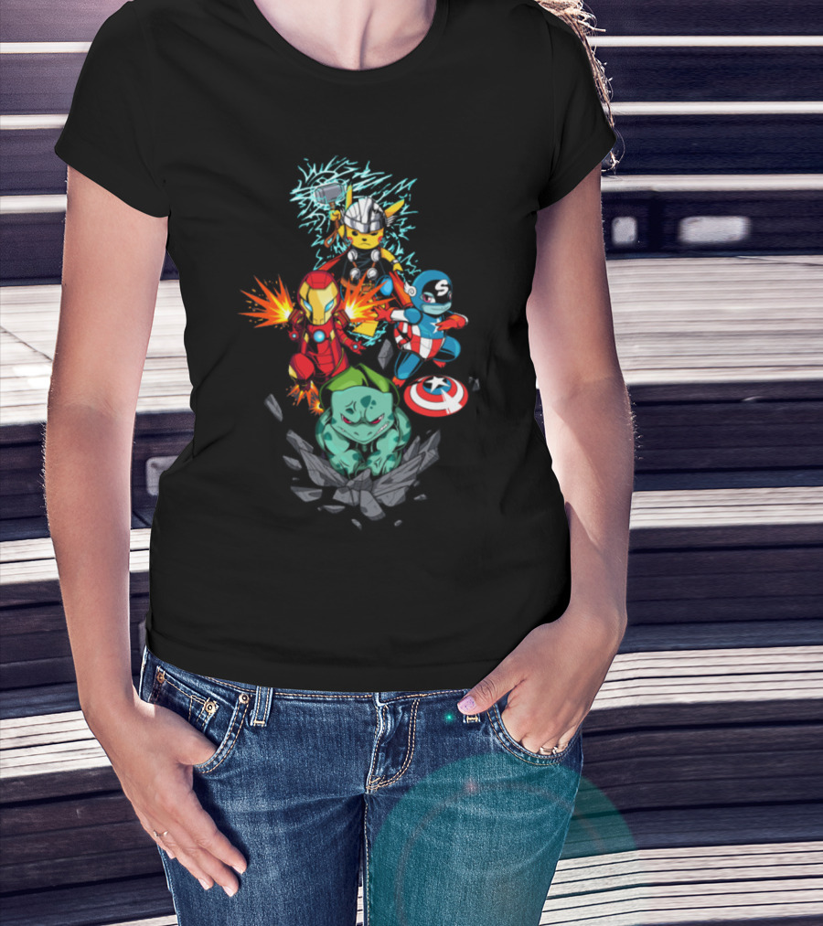 Avengers Pokemon Crossover Pikachu Thor Iron Man Bulbasaur Captain America T-Shirt