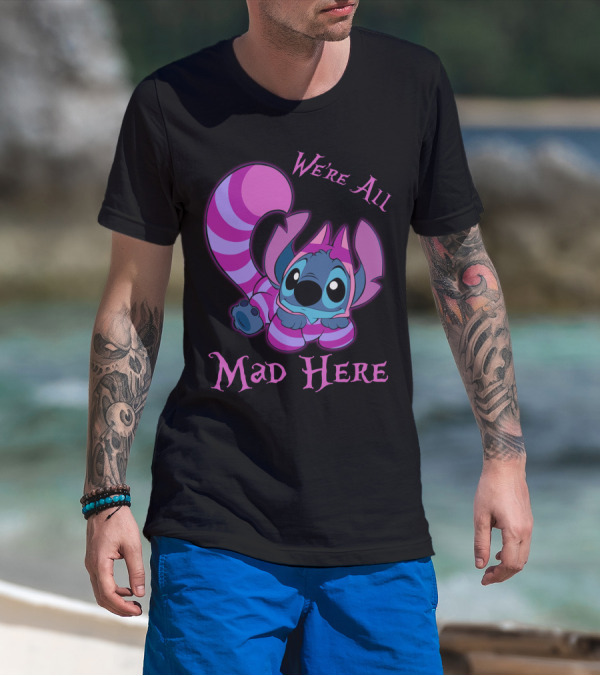 Stitch And Cheshire Cat We're All Mad Here Crossover T-Shirt