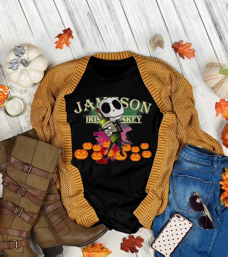 Jack Skellington Hugging Jameson Irish Whiskey Bottle Surrounded by Pumpkins T-Shirt