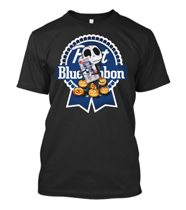 Jack Skellington With Pabst Blue Ribbon Embrace Surrounded By Pumpkin T-Shirt