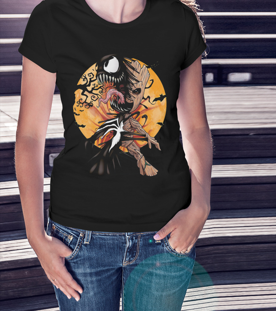 Baby Groot Venom Symbiote Halloween Moon Scene T-Shirt