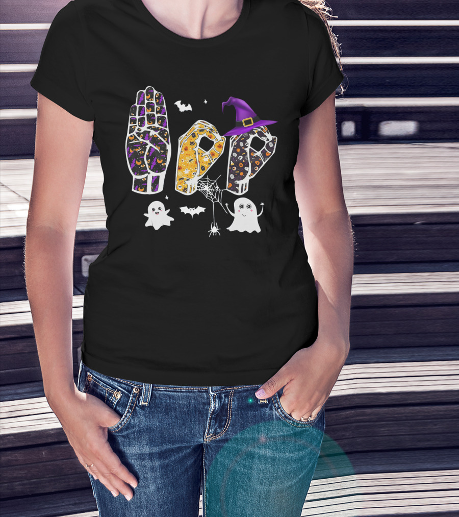 Deaf Pride Halloween Sign Language Hands With Ghosts Bats And Witch Hat T-Shirt