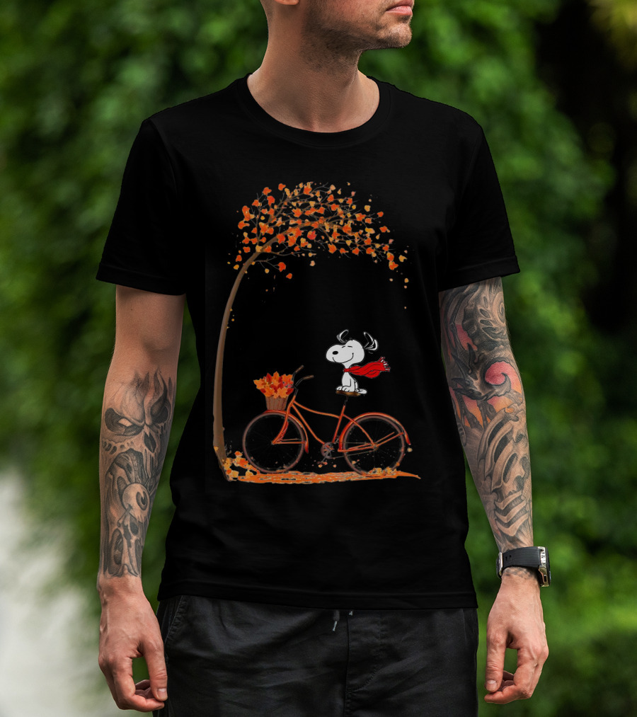 Snoopy Enjoying Autumn Leaves Bicycle Ride Under Fall Tree T-Shirt