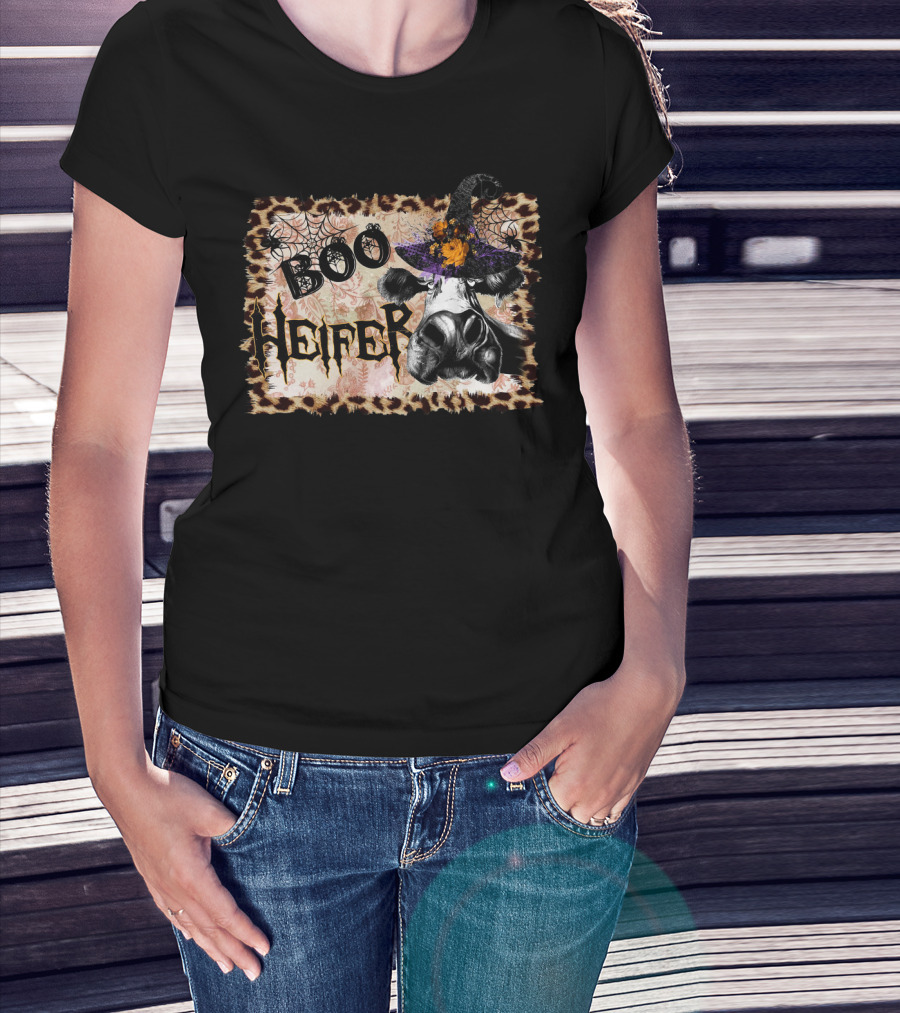 Boo Heifer Halloween Cow Witch Hat Leopard Print Spiderweb T-Shirt
