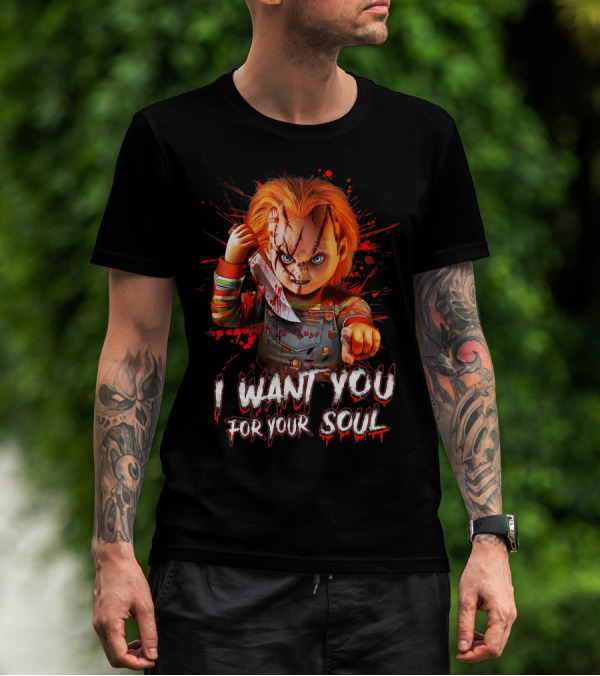 Chucky Horror Character With Knife I Want You For Your Soul T-Shirt