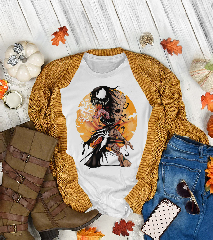 Baby Groot Venom Hybrid Silhouette Against Halloween Moon with Bats and Spooky Trees T-Shirt