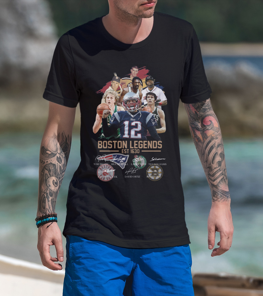 Boston Legends Est 1630 Tom Brady Ted Williams Bill Russell Larry Bird David Ortiz Bobby Orr T-Shirt