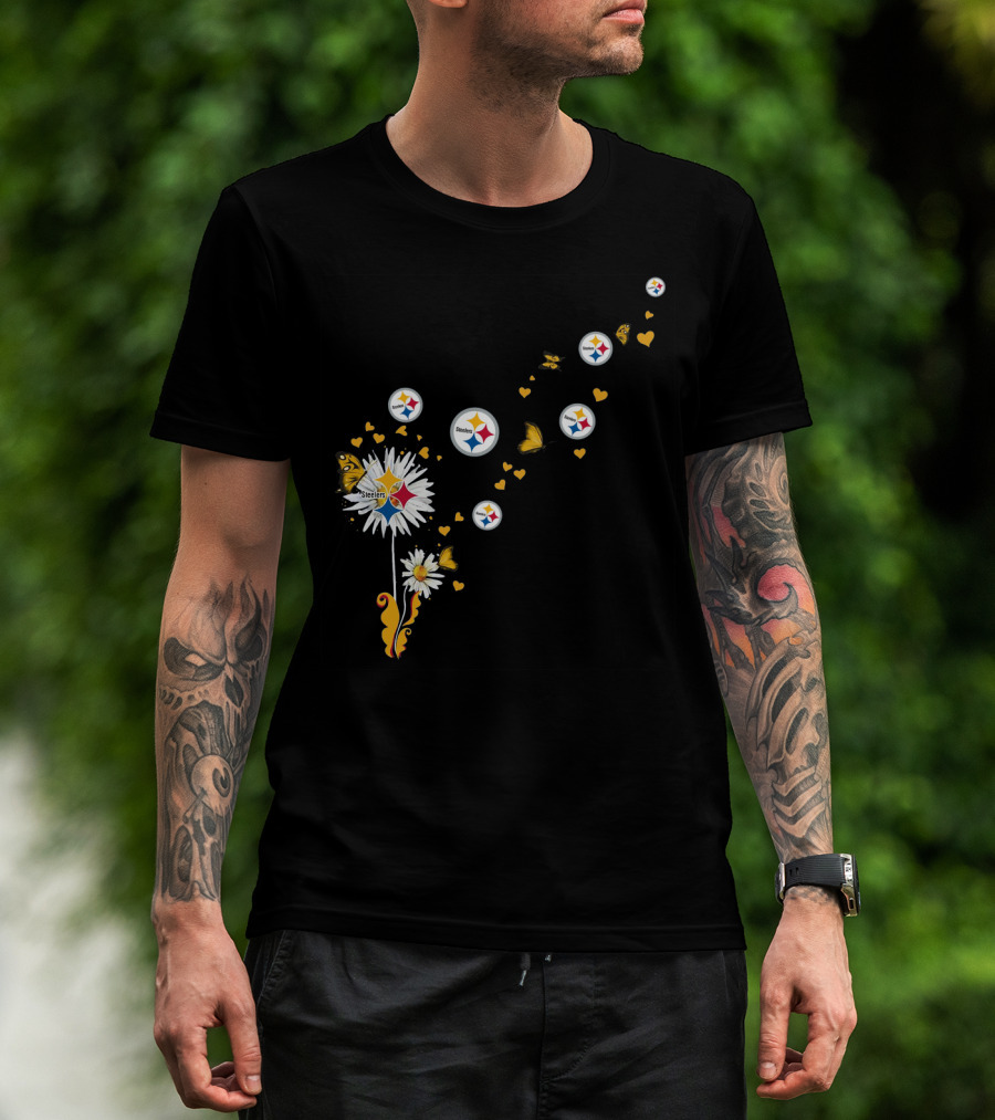 Dandelion With Pittsburgh Steelers Logo And Butterflies T-Shirt