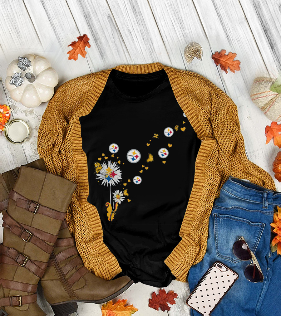 Dandelion With Pittsburgh Steelers Logo And Butterflies T-Shirt