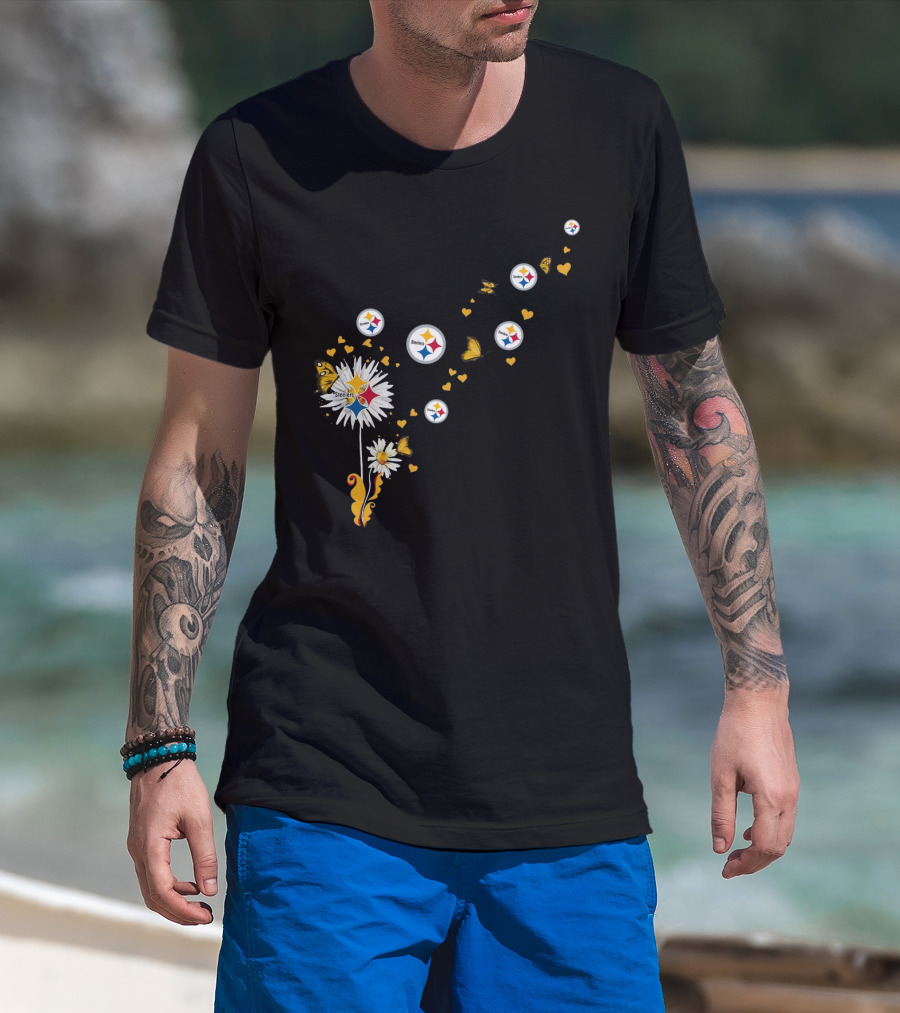 Dandelion With Pittsburgh Steelers Logo And Butterflies T-Shirt