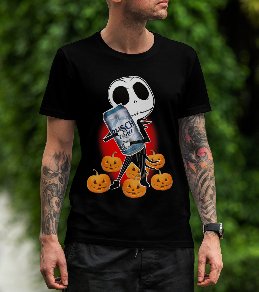 Jack Skellington Busch Light Hug Surrounded By Pumpkins Halloween T-Shirt