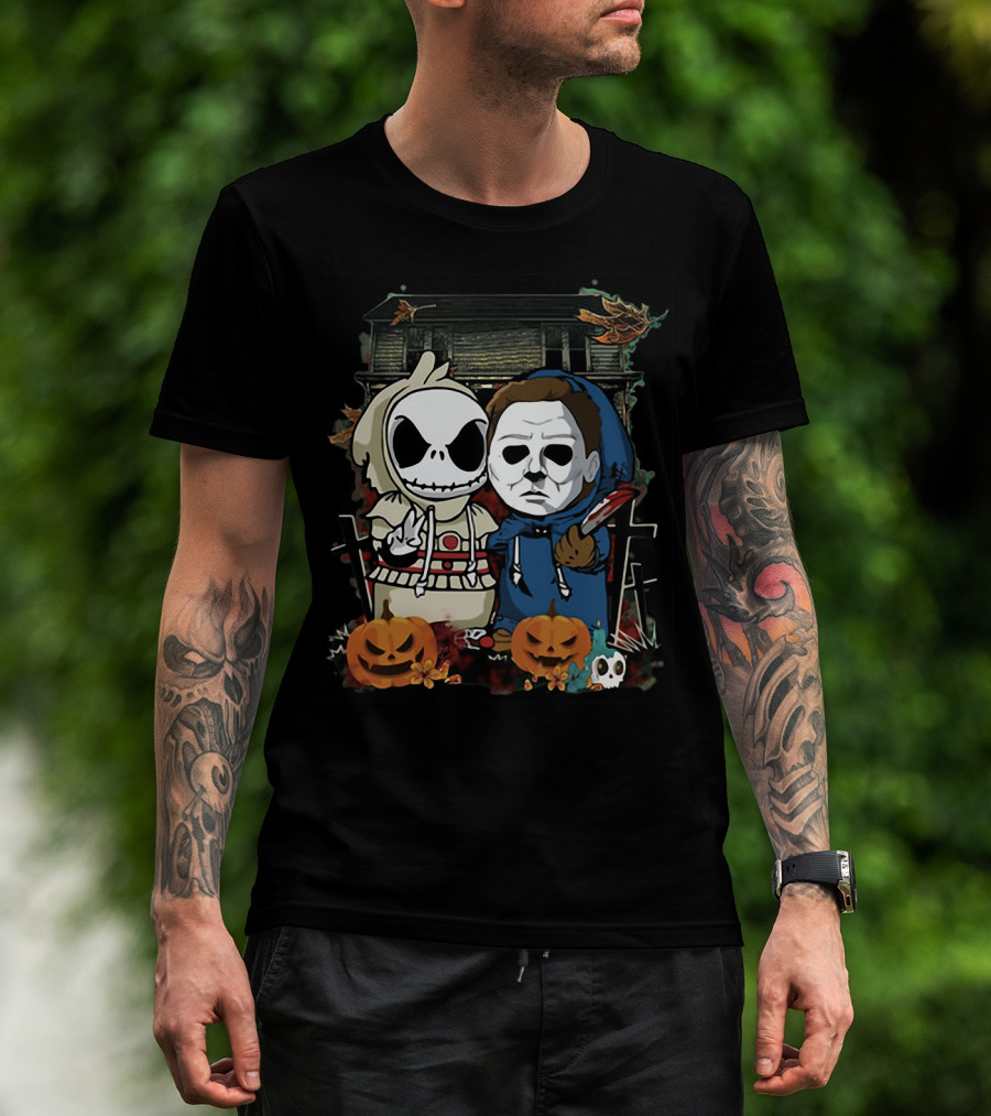 Jack Skellington And Michael Myers Halloween Crossover With Haunted House And Pumpkins T-Shirt