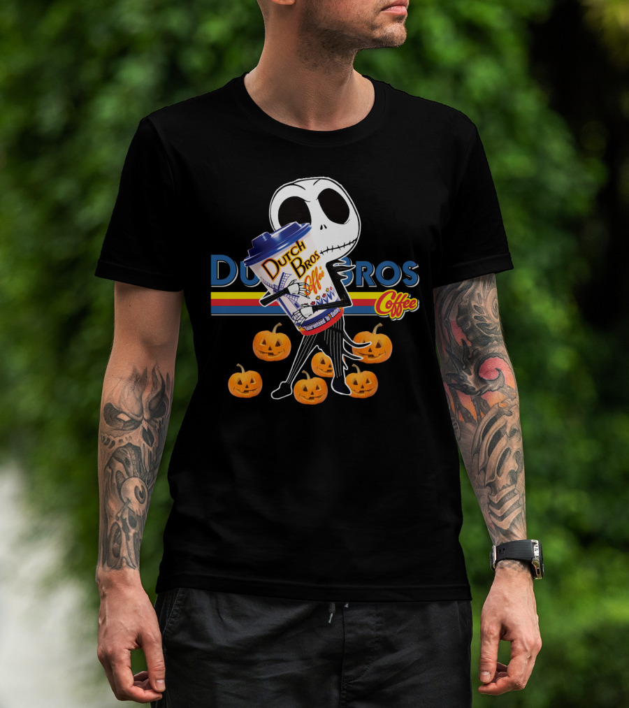 Jack Skellington Holding Dutch Bros Coffee Cup Surrounded By Pumpkins T-Shirt