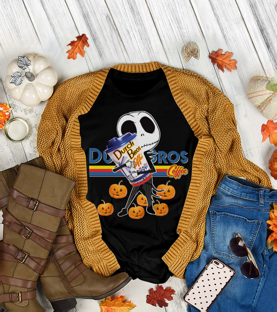 Jack Skellington Holding Dutch Bros Coffee Cup Surrounded By Pumpkins T-Shirt