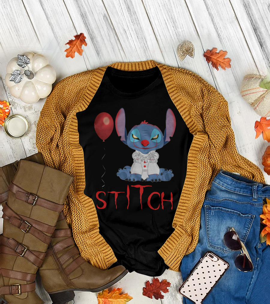 Stitch in Pennywise Costume with Red Balloon - IT Mashup T-Shirt