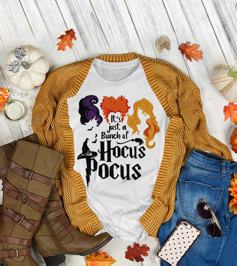 Hocus Pocus It's Just a Bunch of Witch Hair Silhouettes with Hats and Bats T-Shirt