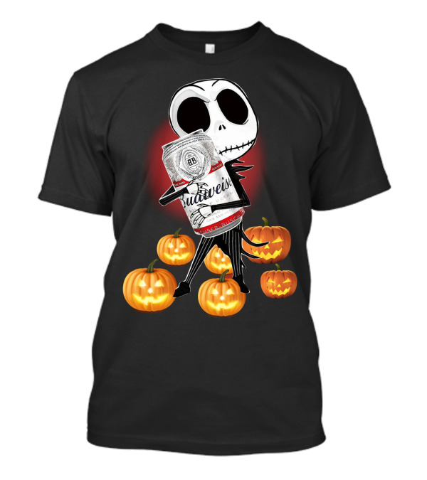 Budweiser Halloween Jack Skellington With Pumpkins And Red Glow T-Shirt