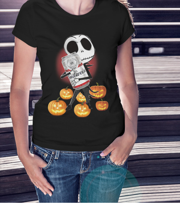 Budweiser Halloween Jack Skellington With Pumpkins And Red Glow T-Shirt