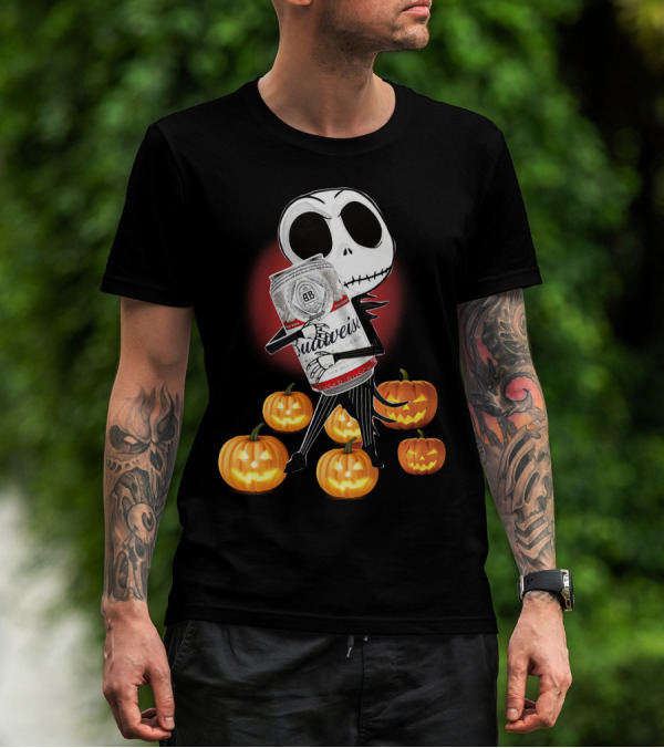 Budweiser Halloween Jack Skellington With Pumpkins And Red Glow T-Shirt
