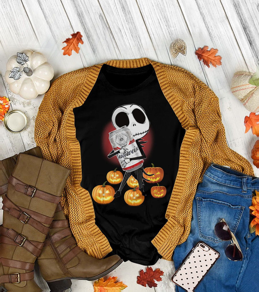 Budweiser Halloween Jack Skellington with Pumpkins and Red Glow T-Shirt
