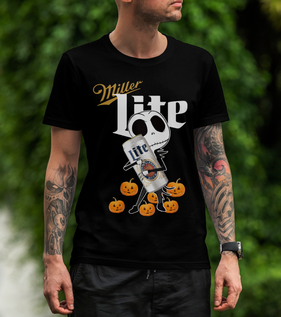 Jack Skellington Holding Miller Lite Surrounded By Pumpkins T-Shirt
