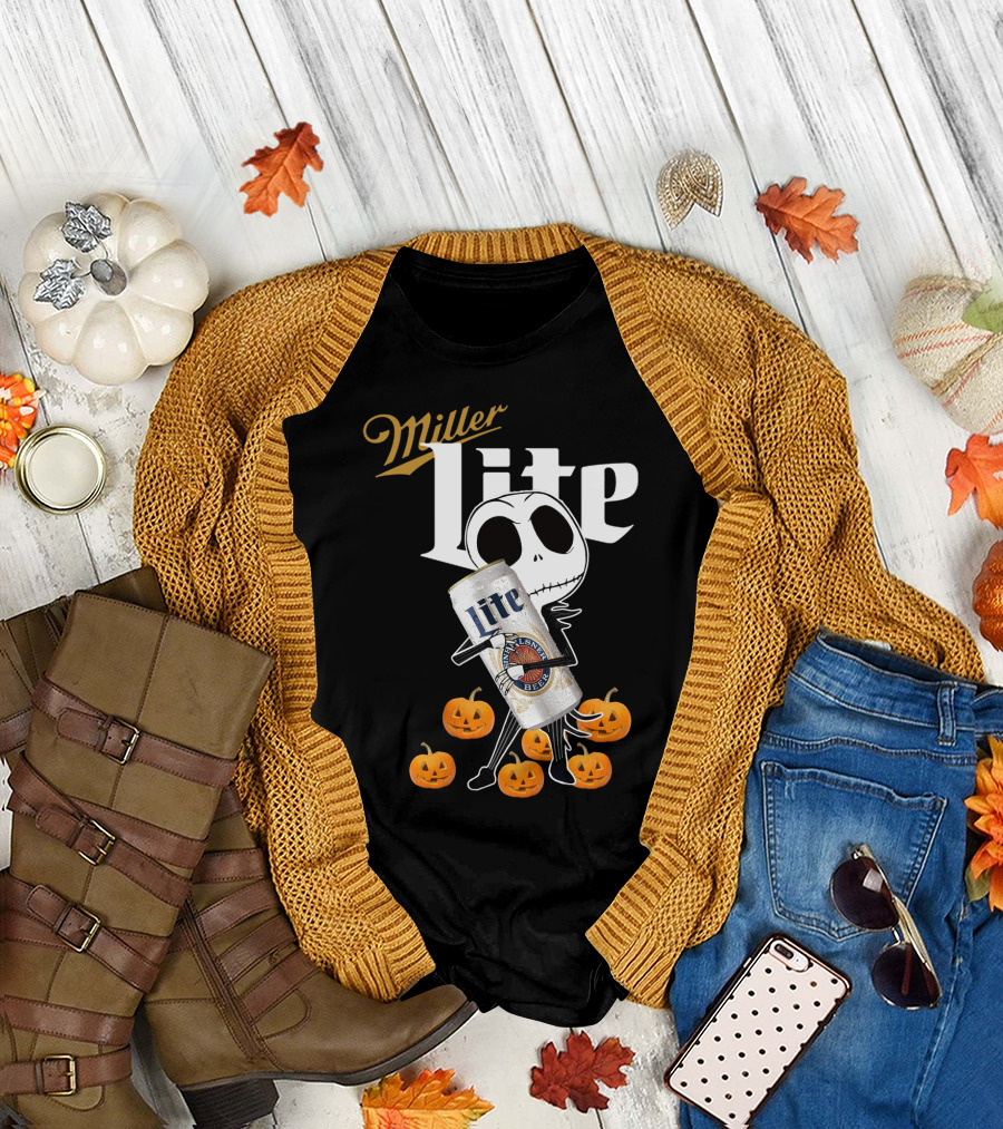 Jack Skellington Holding Miller Lite Surrounded by Pumpkins T-Shirt