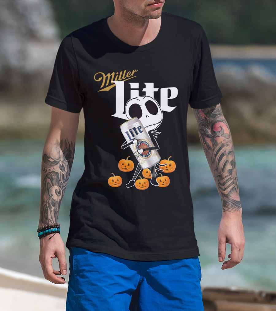 Jack Skellington Holding Miller Lite Surrounded By Pumpkins T-Shirt